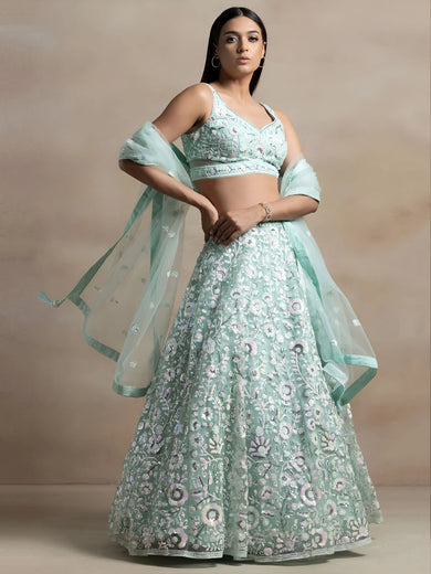 Attractive Blue Sequins Net Designer Lehenga Choli With Dupatta